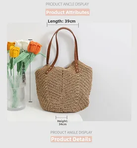 Détails du sac en paille tressée montrant la texture et les dimensions des anses