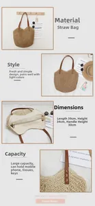 Détails du sac cabas en paille avec anses en cuir marron et fermeture éclair