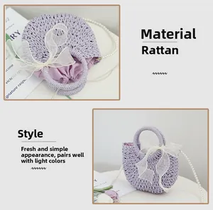 Detail of lavender raffia straw bag with white lace bow and elegant pearl strap