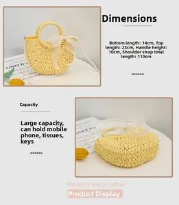 Detail view of yellow straw bag with lace bow and dimensions 23x14cm for beach use