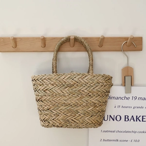 Sac à Main Tissé en Algue Fait à la Main Style Rural Français Panier de Plage avec Doublure à Pois Femmes Vacances Été