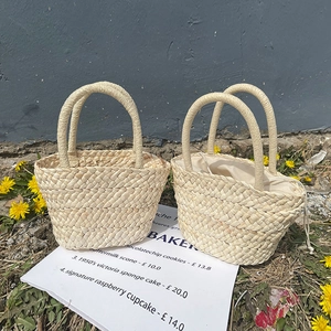 Mini Straw Woven Handbag Basket Bag Natural Corn Husk Summer Beach Vacation Fresh Pastoral Style Dual Handles