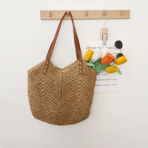 Sac fourre-tout rétro en paille tissée à la main avec texture en V et anses en cuir
