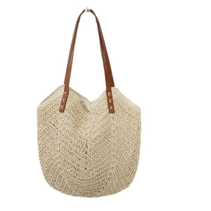 Sac fourre-tout en paille tissé rétro avec lanières en cuir marron et grande capacité de plage