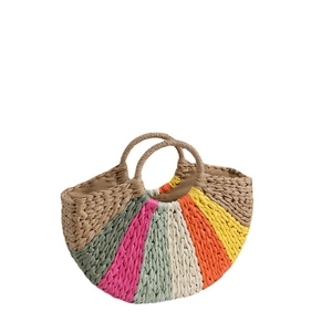 Rainbow striped semi-circle woven straw handbag for summer beach vacations and travel