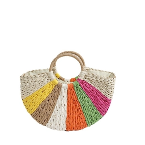 Rainbow woven semi-circle straw handbag for summer vacation beach trips in multi-color style