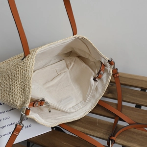 French style woven straw bag with leather straps and spacious canvas interior lining