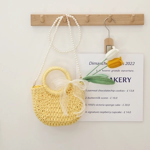 Woven Straw Crossbody Bag With Artificial Pearl Strap And Organza Bow Sweet Cute Summer Beach Holiday Semi Circle Handbags For Women