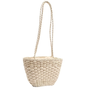 Handmade woven straw beach bag in beige with shoulder straps and inner fabric lining
