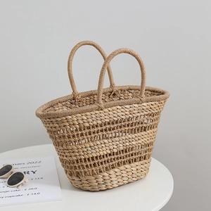 French vintage straw woven handbag with top handles for summer beach vacation style