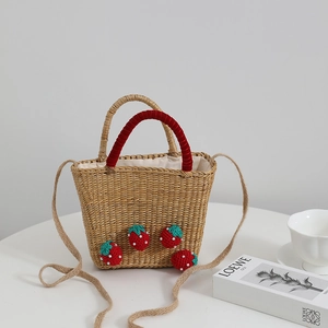 Mini Sac À Main En Paille Tissée Avec Fraise Au Crochet Poignée En Velours Sac Bandoulière Pour Femmes Filles