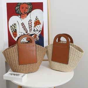 French Retro Straw Handbag With Leather Stitching Large Capacity Woven Tote Bag For Summer Beach Vacation Women Simple