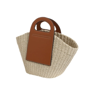 French vintage straw tote bag with brown leather patchwork and large capacity handles