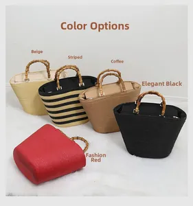 Detail of woven straw tote bags in multiple colors featuring natural bamboo handles