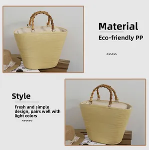 Detail of eco-friendly PP woven tote bag with a natural curved bamboo handle for beach