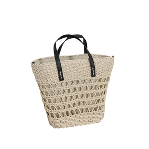 Hollow out French vintage straw tote bag with black leather handles for beach vacation