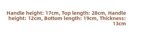 Size chart for woven tote showing top length 28cm, bottom 19cm, and handle drop detail