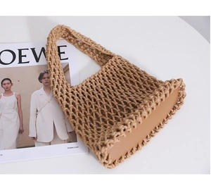 Detail of hand-woven mesh bag in khaki showing rope texture and faux leather base