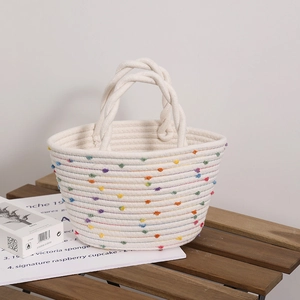 Women Colorful Pom Pom Cotton Rope Woven Handbag Handmade Rainbow Stripe Beach Vacation Style Basket Bag