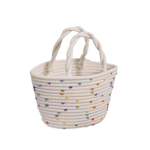Handmade woven cotton rope tote bag with colorful polka dots for beach vacation style