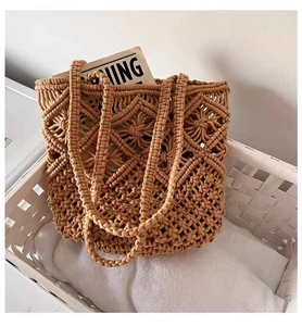 Detailed close-up of khaki woven cotton rope tote bag showing intricate diamond hollow pattern