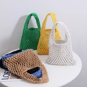 Women Handwoven Cotton Rope Mesh Handbag Hollow Out Tote Summer Beach Vacation Daily Fashion Versatile Net Bag Accessory