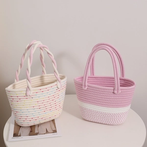 Handmade Cotton Rope Woven Handbag Contrast Color Tote For Women Summer Beach Vacation Picnic Basket INS Style Fresh