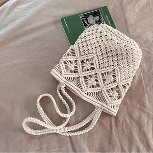 Beige macramé cotton crochet shoulder bag with hollow diamond pattern for summer beach