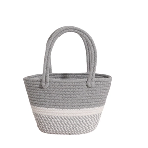 Pink and grey cotton rope woven tote bag with round handles for beach and picnic use