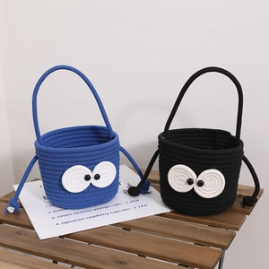Cute Cartoon Big Eyes Cotton Rope Woven Bucket Handbag Niche Design Portable Storage Basket For Women Girls
