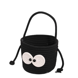 Handwoven black cotton rope bucket bag with cute large eye design and top handle