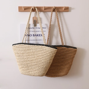 Women Straw Woven Tote Bag French Retro Contrast Black Edge Shoulder Handbag For Beach Vacation