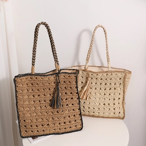 Borsa A Spalla Intrecciata In Paglia Donna Svuotata Nappa Estate Spiaggia Vacanza Tote Grande Capacità Cerniera Bohemien