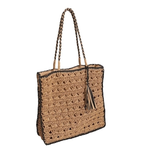Borsa a tracolla quadrata in paglia traforata con nappe per vacanze estive al mare