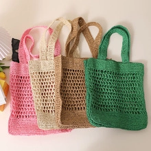 French vintage striped straw bags in pink, beige, tan and green summer hollow knit styles