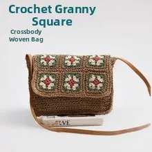 Detail of a retro handmade crochet crossbody bag with colorful granny square patterns