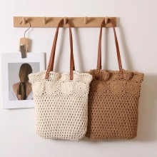 Close-up of crochet hollow floral patterns on straw tote bags with leather straps