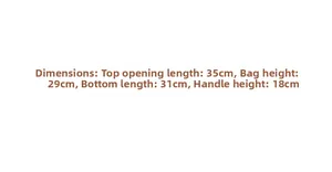 Size chart showing width 35cm, height 29cm and handle drop for straw tote bag