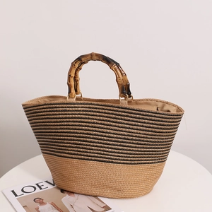 French vintage straw tote bag with black stripes and retro bamboo handles for women