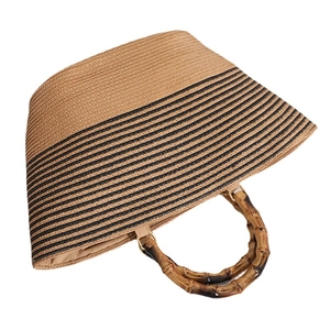 French vintage straw tote bag with black stripes and bamboo handles for women