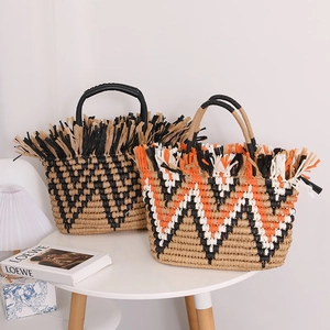 Women Straw Woven Handbag Color Blocked Geometric Fringe Trim Summer Beach Vacation Tote Bag Bohemian