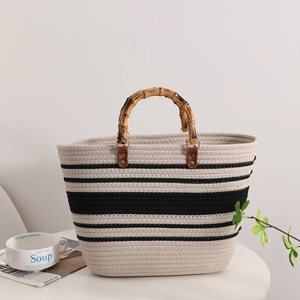 Französische Vintage Tragetasche aus Baumwollseil mit Natürlichem Bambusgriff Gestreift Großes Fassungsvermögen Strand Handtasche für Damen Urlaub