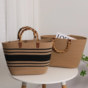 Französische Retro-Streifen-Baumwolltasche mit Bambusgriff für Strand und Urlaub