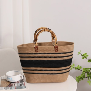 Französische Retro-Gestreifte Baumwolltasche mit Bambusgriffen für Strand und Urlaub