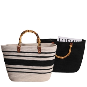 Gestreifte Baumwoll-Webtasche mit Vintage-Bambusgriffen und geräumigem französischem Design