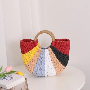 Rainbow Straw Handbag Woven Color Block Half Round Summer Beach Vacation Bohemian Style Women Bag