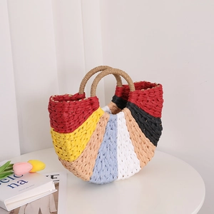Rainbow striped semi-circle woven straw handbag with circular handles for summer beach vacation