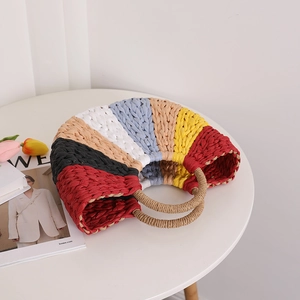 Rainbow woven straw handbag in semi-circle shape for beach vacation summer style