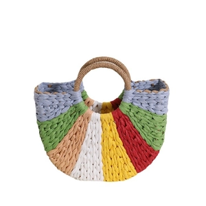 Rainbow striped semi-circle woven straw handbag for summer beach and vacation styling
