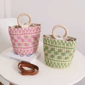 Sac Seau Paille Femmes Sac Main Tissé Contrasté Avec Poignées Rondes Bois Et Bandoulière Similicuir Vacances Plage
